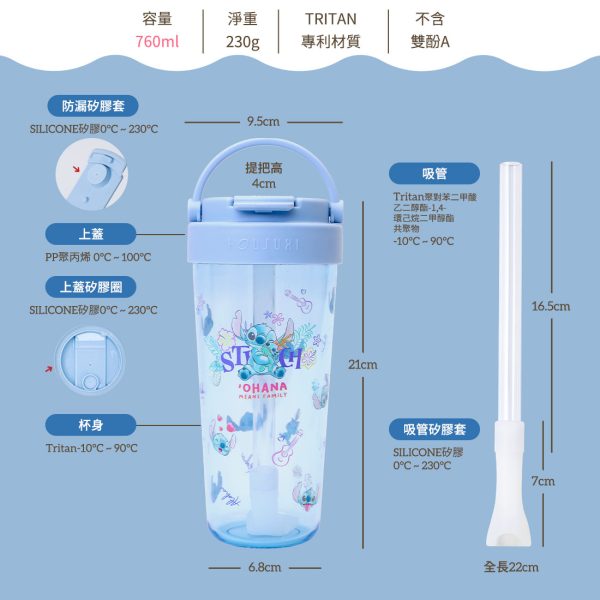 HOUSUXI 史迪奇新品 Tritan輕透舒吸杯(附彈跳吸管)760ml